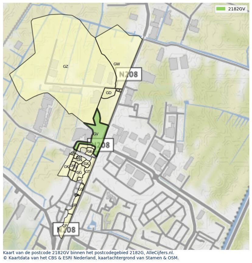 Afbeelding van het postcodegebied 2182 GV op de kaart.