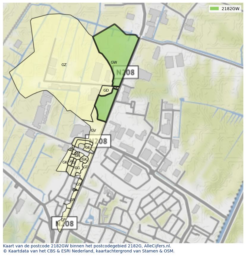 Afbeelding van het postcodegebied 2182 GW op de kaart.