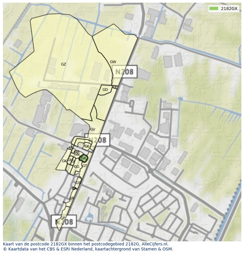 Afbeelding van het postcodegebied 2182 GX op de kaart.