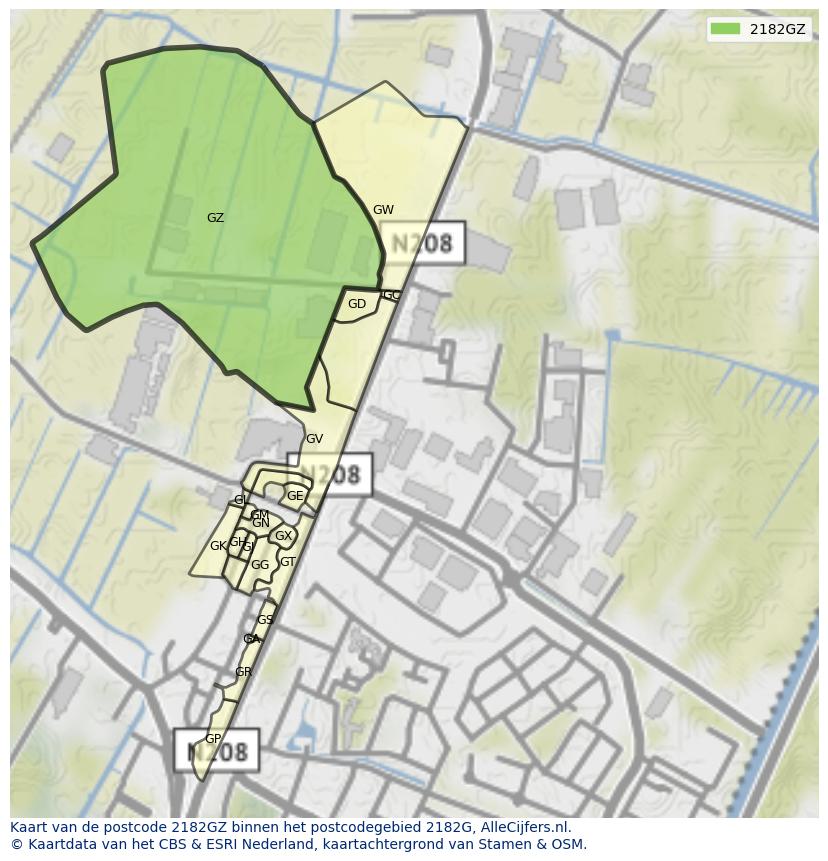 Afbeelding van het postcodegebied 2182 GZ op de kaart.