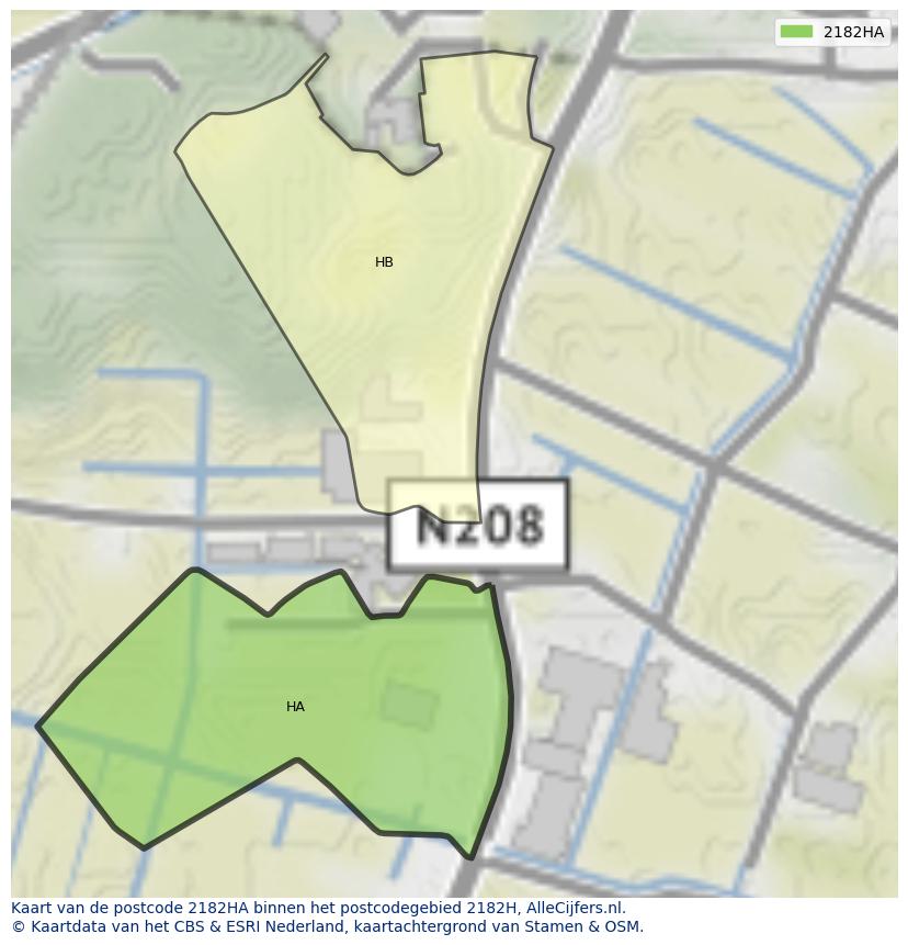 Afbeelding van het postcodegebied 2182 HA op de kaart.