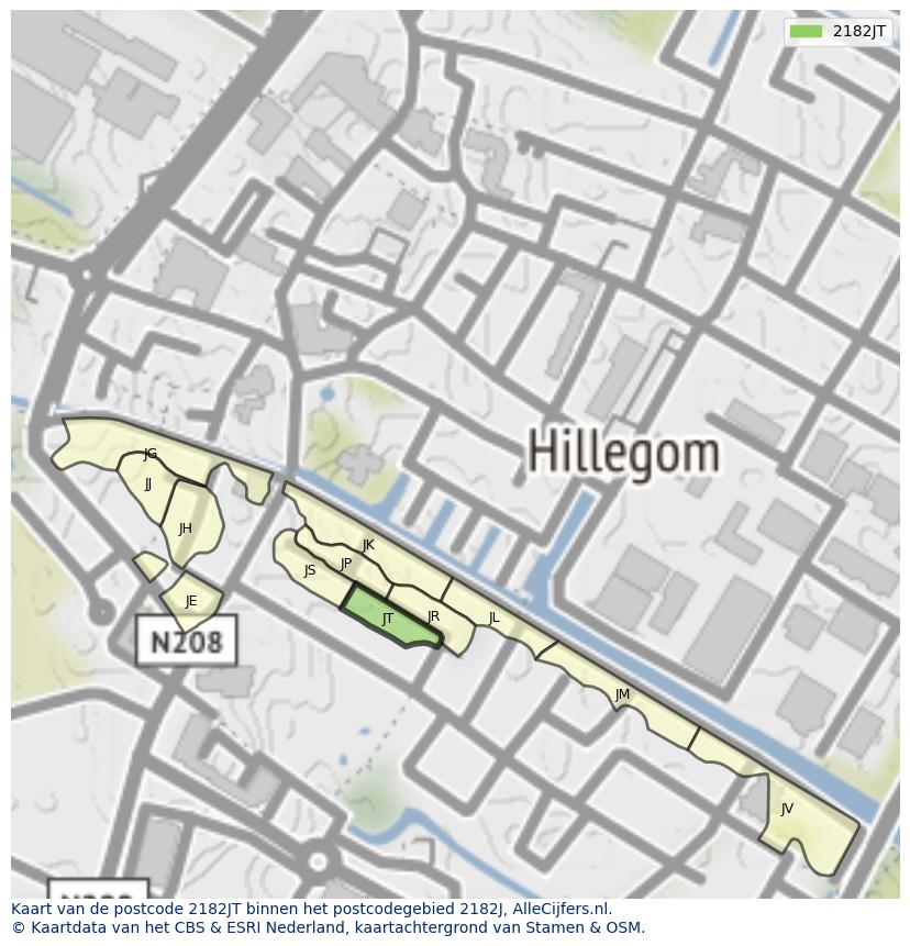 Afbeelding van het postcodegebied 2182 JT op de kaart.