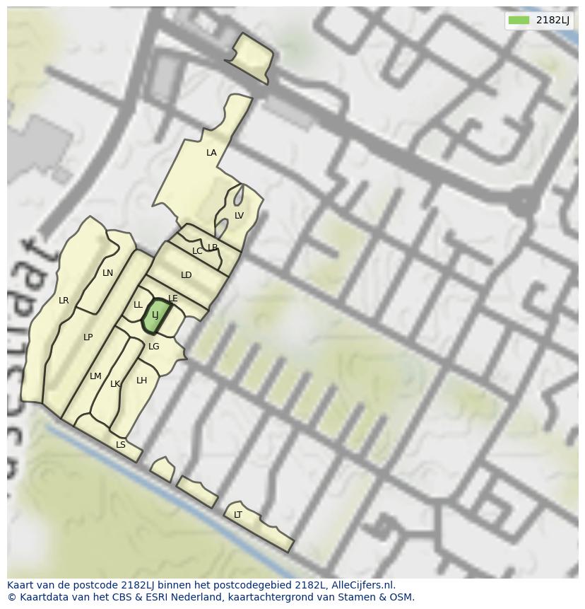 Afbeelding van het postcodegebied 2182 LJ op de kaart.