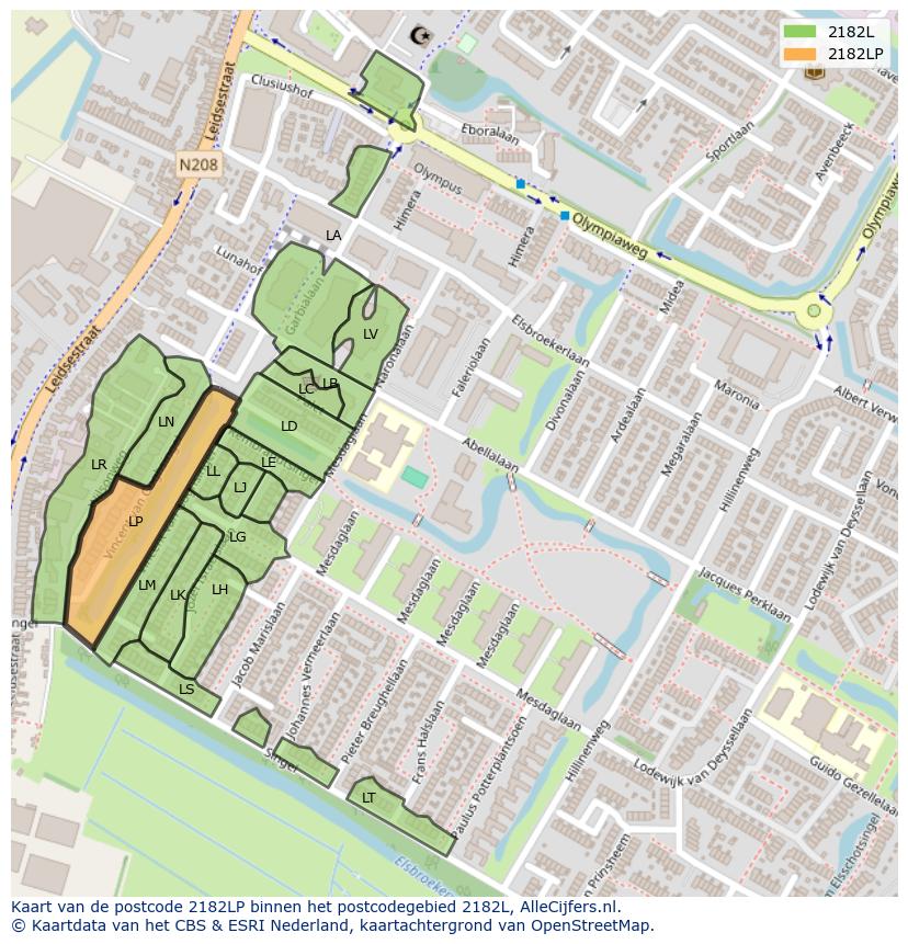Afbeelding van het postcodegebied 2182 LP op de kaart.