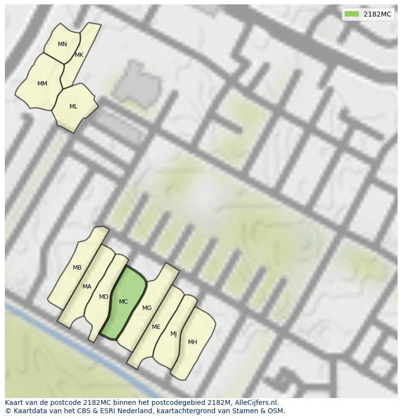 Afbeelding van het postcodegebied 2182 MC op de kaart.