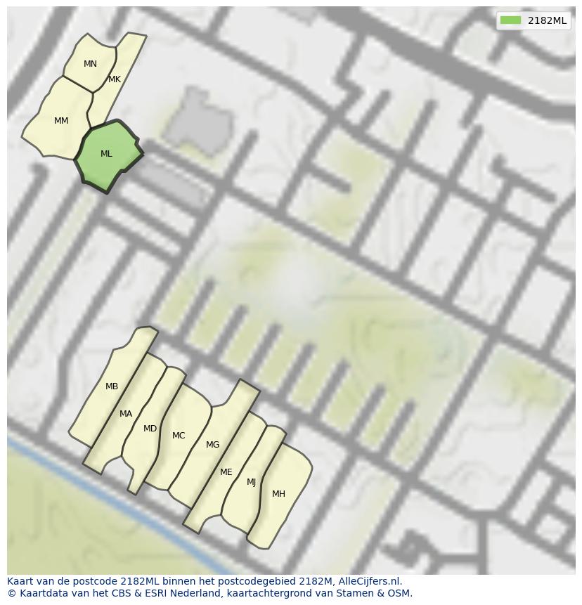 Afbeelding van het postcodegebied 2182 ML op de kaart.