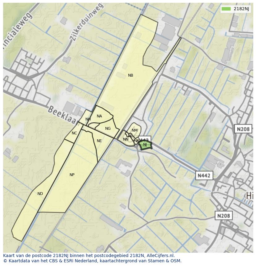 Afbeelding van het postcodegebied 2182 NJ op de kaart.