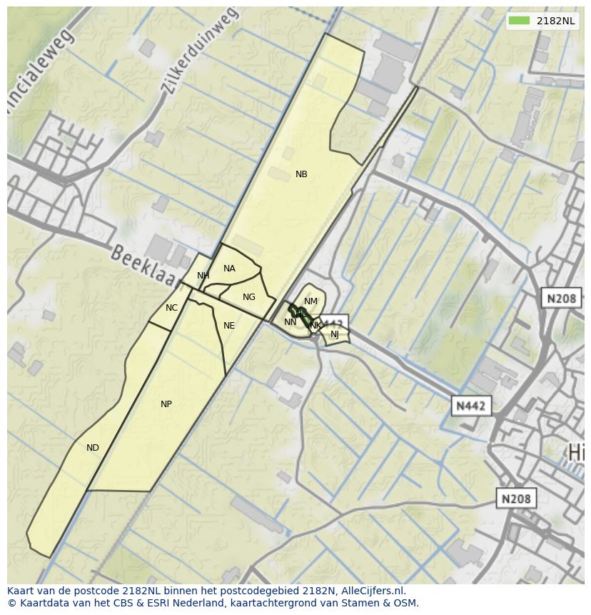 Afbeelding van het postcodegebied 2182 NL op de kaart.