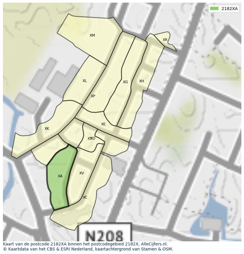 Afbeelding van het postcodegebied 2182 XA op de kaart.