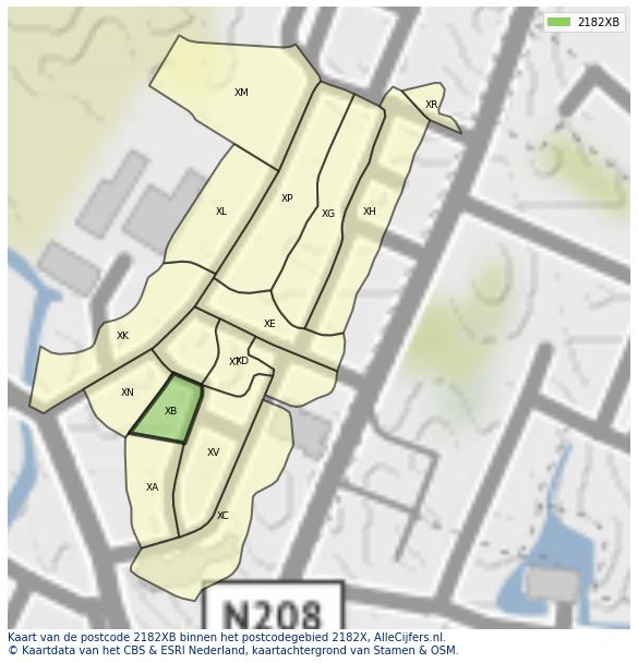 Afbeelding van het postcodegebied 2182 XB op de kaart.