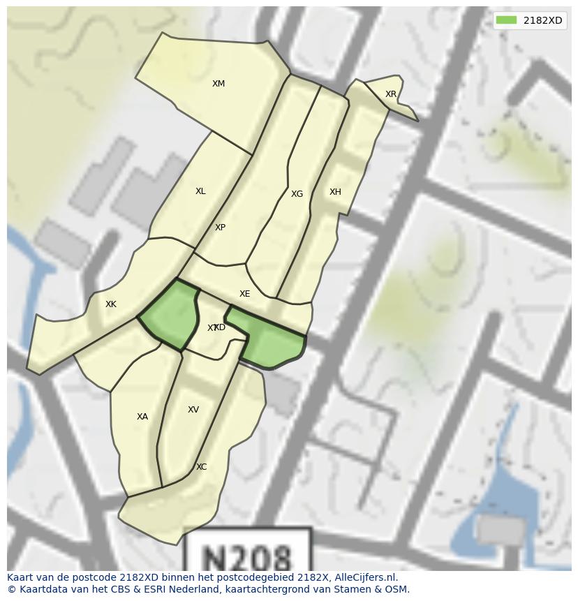 Afbeelding van het postcodegebied 2182 XD op de kaart.