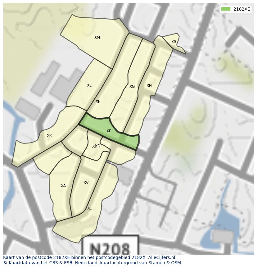 Afbeelding van het postcodegebied 2182 XE op de kaart.