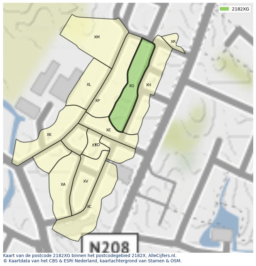 Afbeelding van het postcodegebied 2182 XG op de kaart.