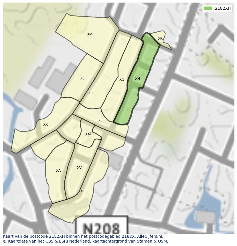 Afbeelding van het postcodegebied 2182 XH op de kaart.