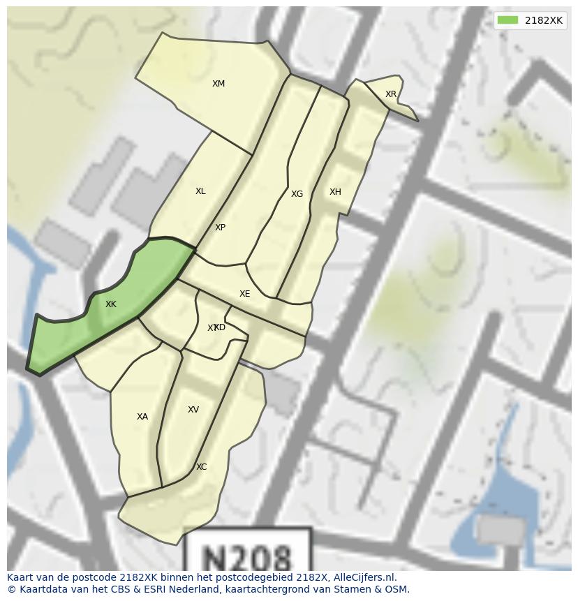 Afbeelding van het postcodegebied 2182 XK op de kaart.