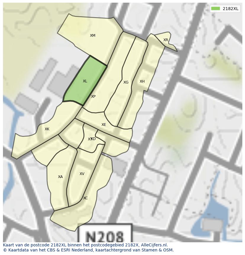 Afbeelding van het postcodegebied 2182 XL op de kaart.