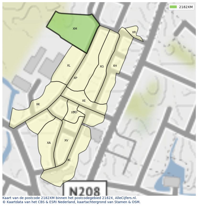 Afbeelding van het postcodegebied 2182 XM op de kaart.