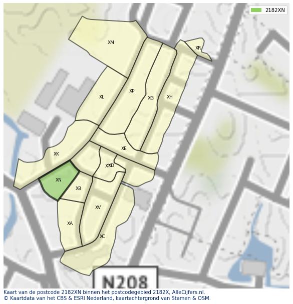 Afbeelding van het postcodegebied 2182 XN op de kaart.