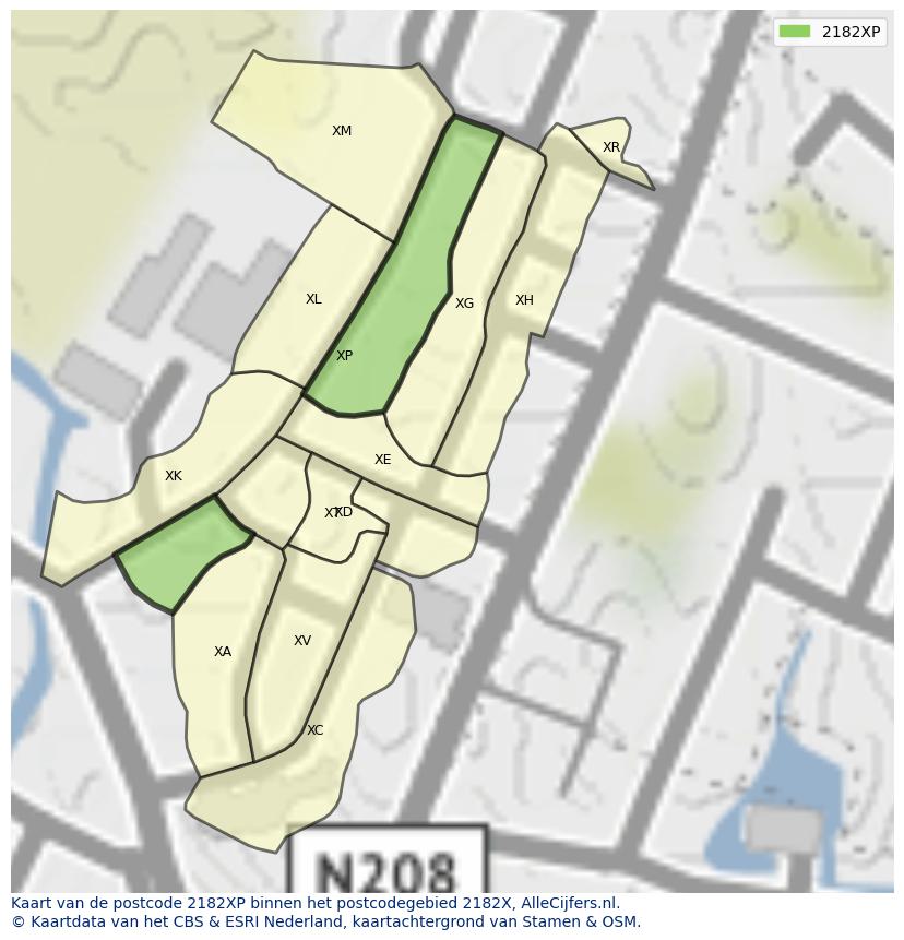 Afbeelding van het postcodegebied 2182 XP op de kaart.