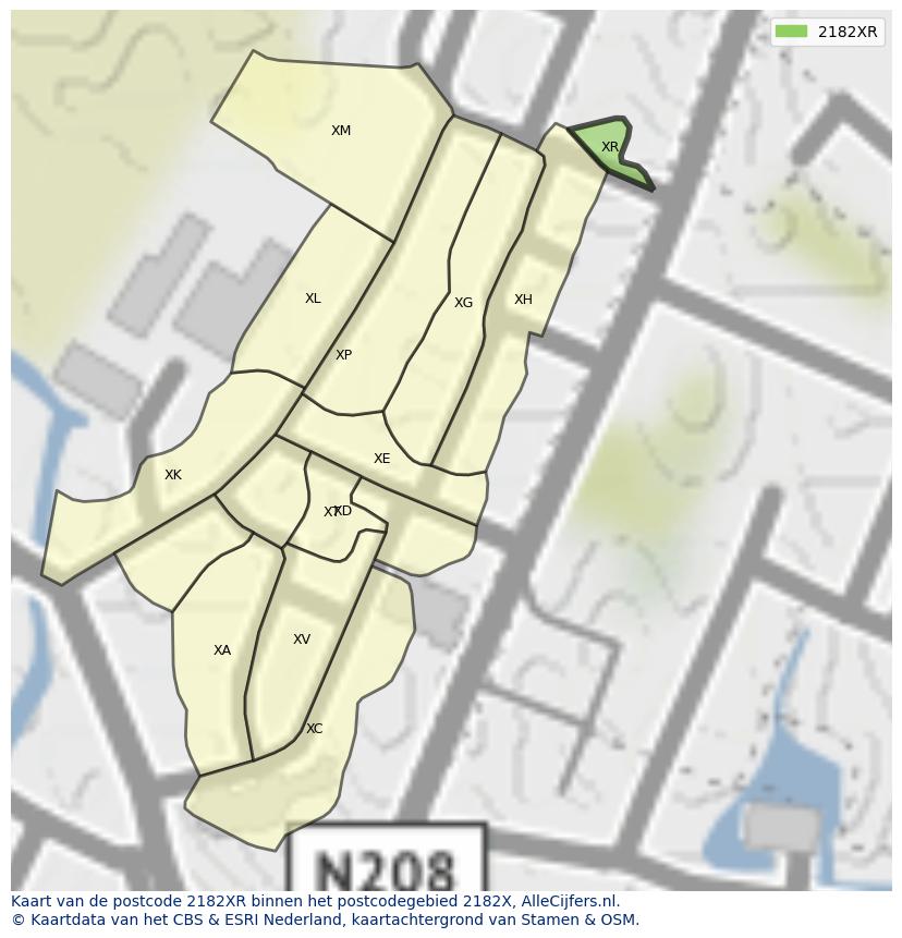 Afbeelding van het postcodegebied 2182 XR op de kaart.