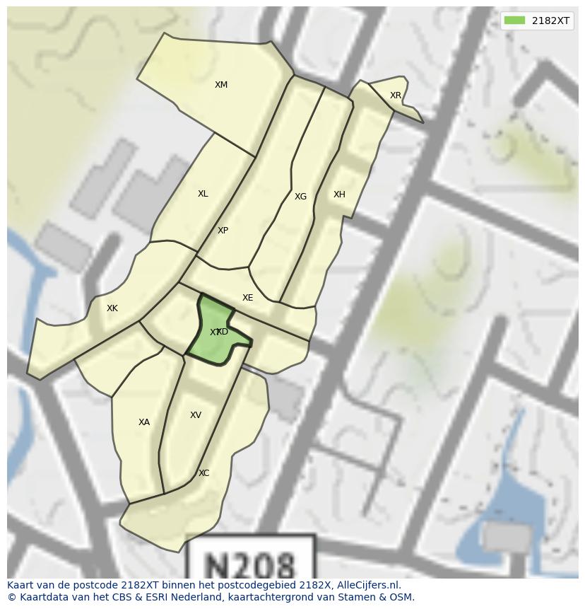 Afbeelding van het postcodegebied 2182 XT op de kaart.