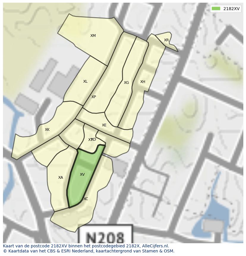 Afbeelding van het postcodegebied 2182 XV op de kaart.