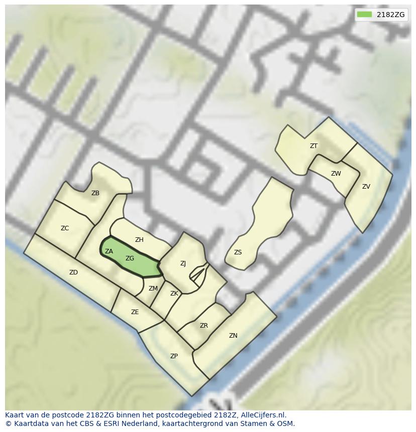 Afbeelding van het postcodegebied 2182 ZG op de kaart.