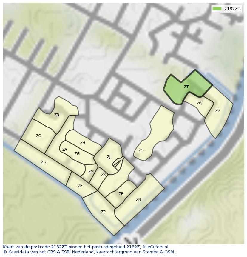 Afbeelding van het postcodegebied 2182 ZT op de kaart.