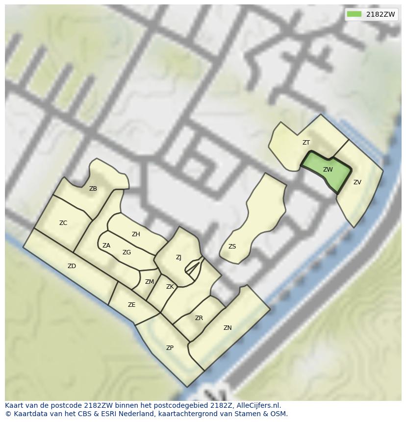 Afbeelding van het postcodegebied 2182 ZW op de kaart.