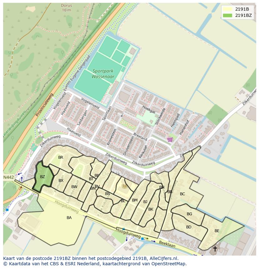 Afbeelding van het postcodegebied 2191 BZ op de kaart.
