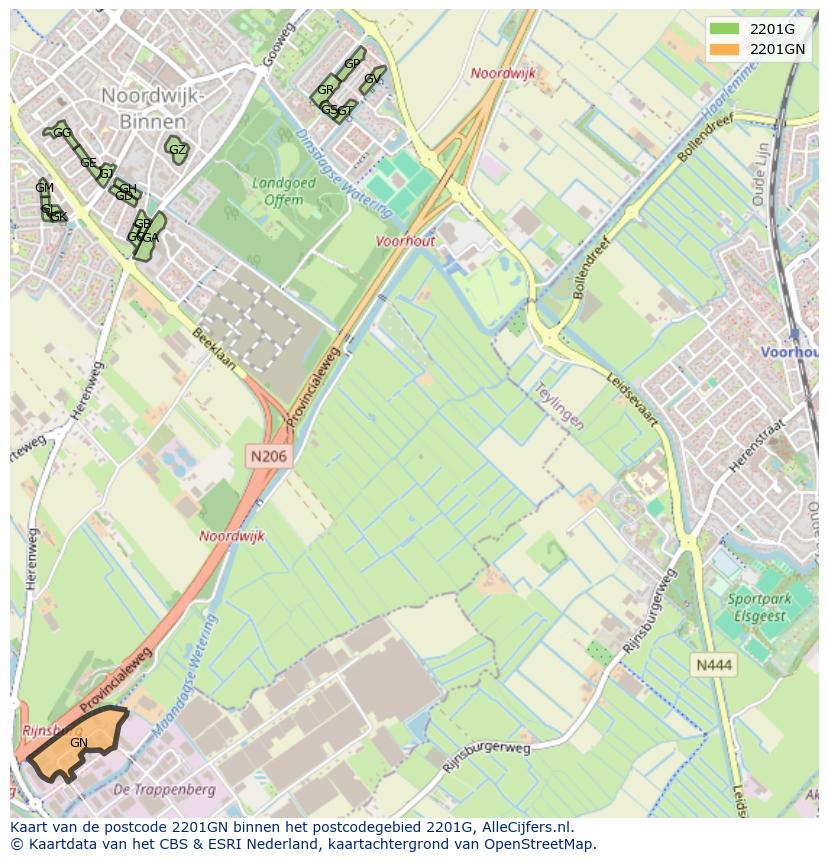 Afbeelding van het postcodegebied 2201 GN op de kaart.