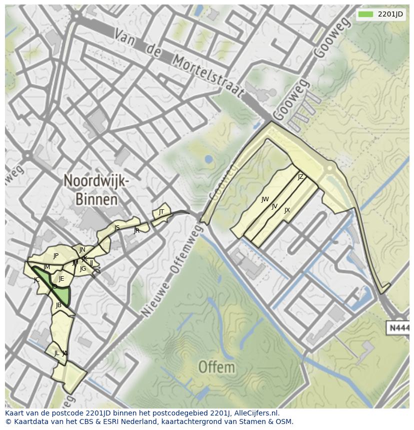 Afbeelding van het postcodegebied 2201 JD op de kaart.