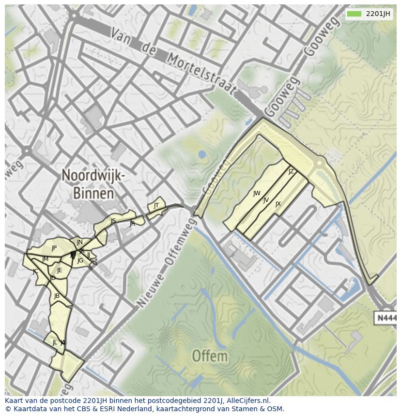 Afbeelding van het postcodegebied 2201 JH op de kaart.