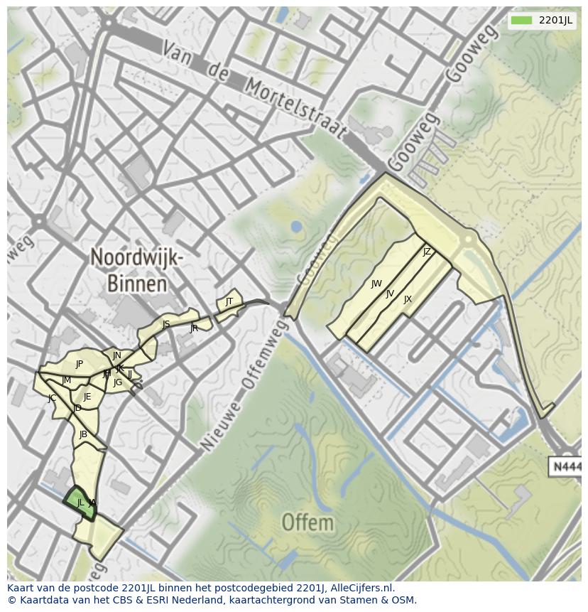Afbeelding van het postcodegebied 2201 JL op de kaart.