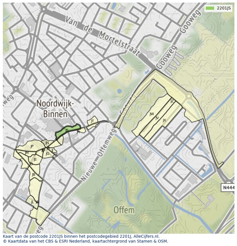 Afbeelding van het postcodegebied 2201 JS op de kaart.