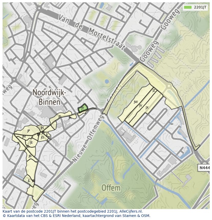 Afbeelding van het postcodegebied 2201 JT op de kaart.