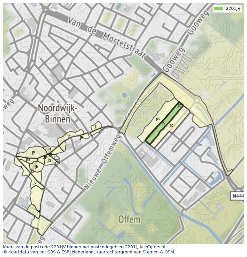 Afbeelding van het postcodegebied 2201 JV op de kaart.