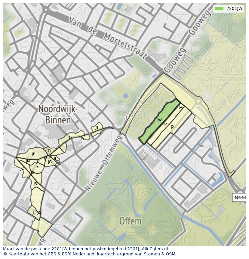 Afbeelding van het postcodegebied 2201 JW op de kaart.