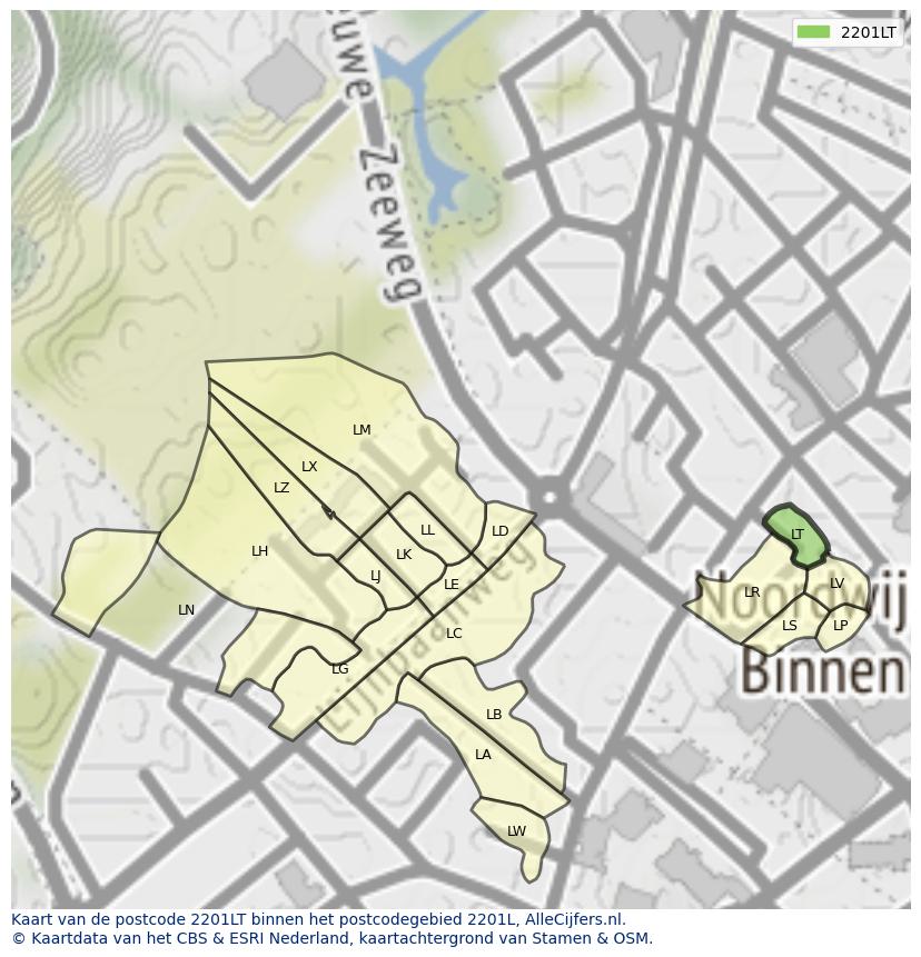 Afbeelding van het postcodegebied 2201 LT op de kaart.