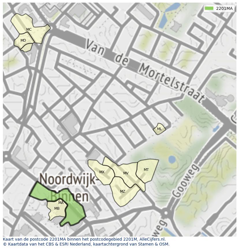 Afbeelding van het postcodegebied 2201 MA op de kaart.