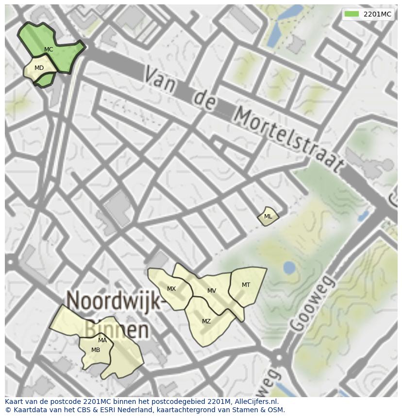 Afbeelding van het postcodegebied 2201 MC op de kaart.