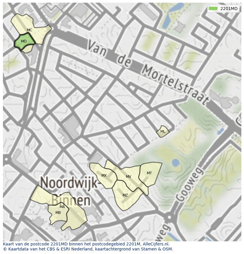 Afbeelding van het postcodegebied 2201 MD op de kaart.