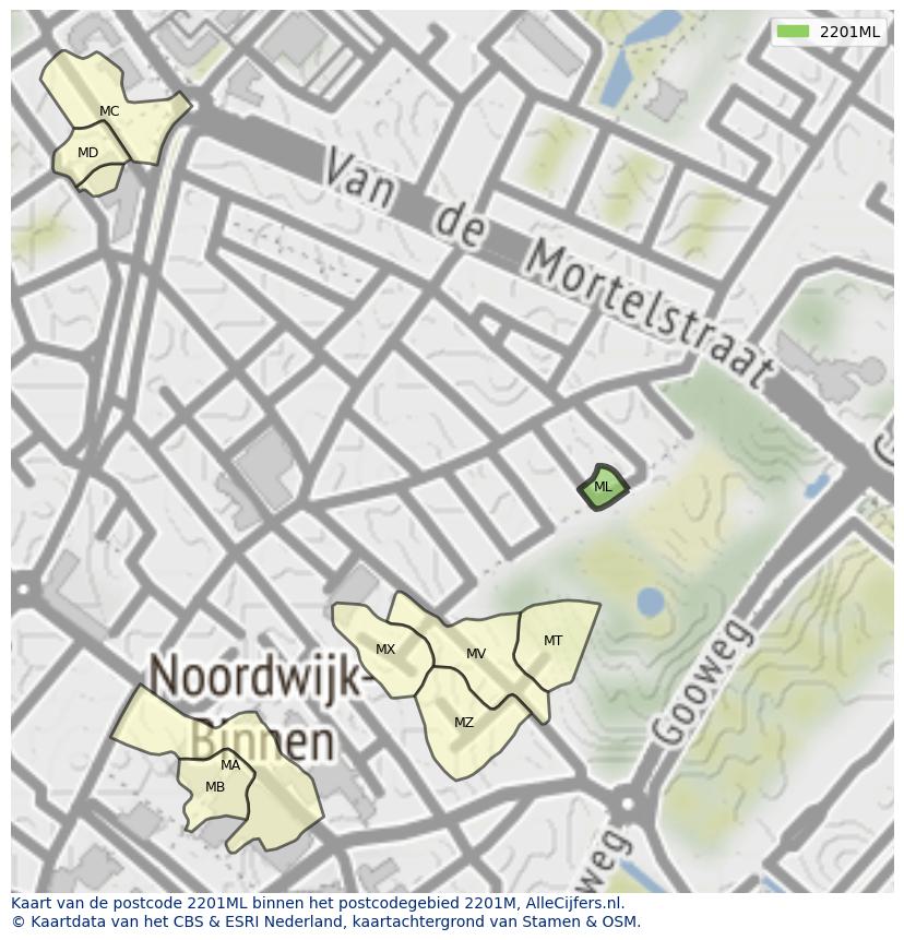 Afbeelding van het postcodegebied 2201 ML op de kaart.
