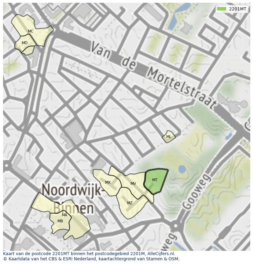 Afbeelding van het postcodegebied 2201 MT op de kaart.