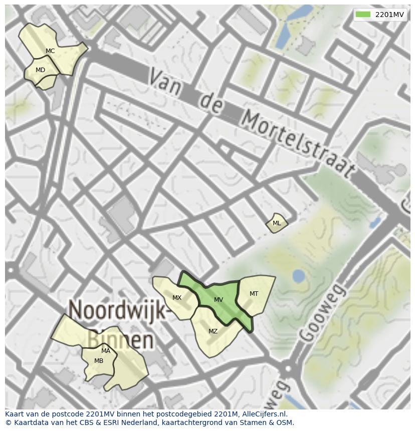 Afbeelding van het postcodegebied 2201 MV op de kaart.