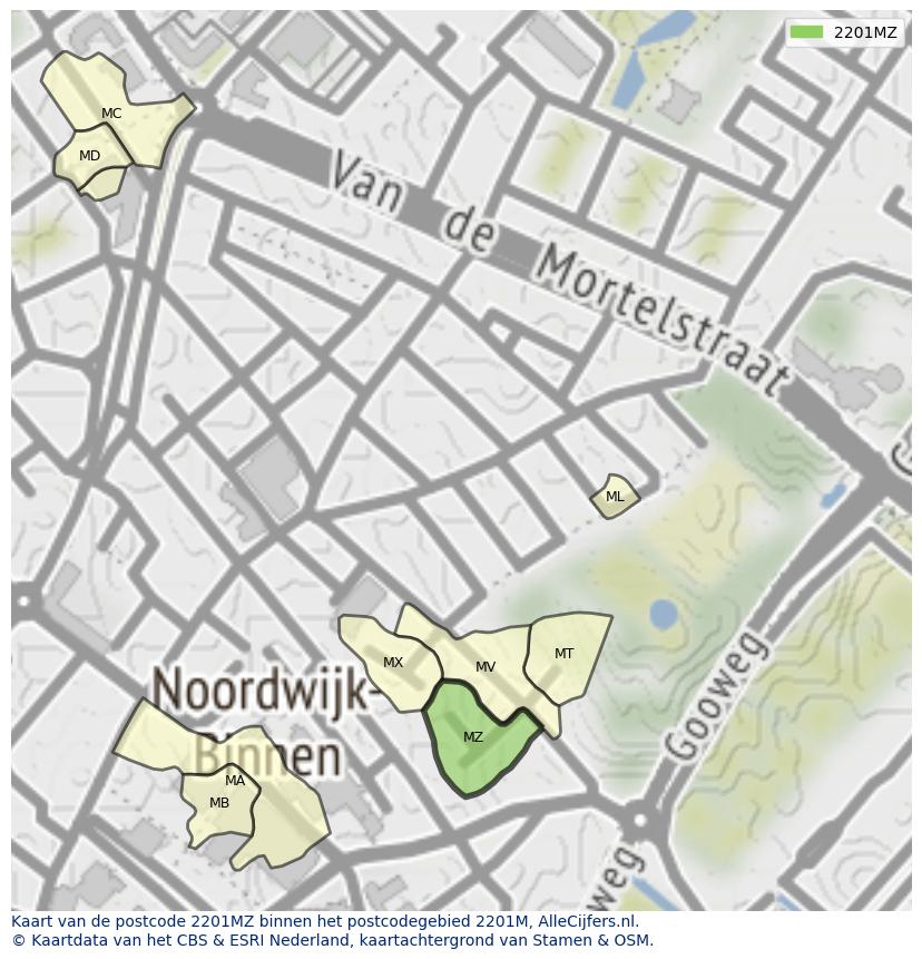 Afbeelding van het postcodegebied 2201 MZ op de kaart.