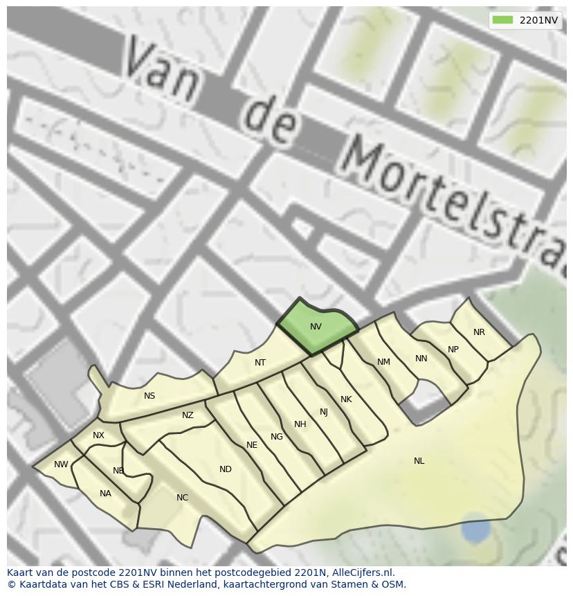 Afbeelding van het postcodegebied 2201 NV op de kaart.