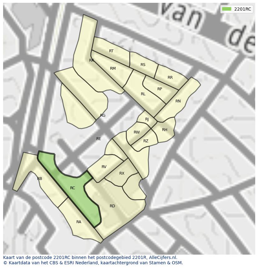 Afbeelding van het postcodegebied 2201 RC op de kaart.