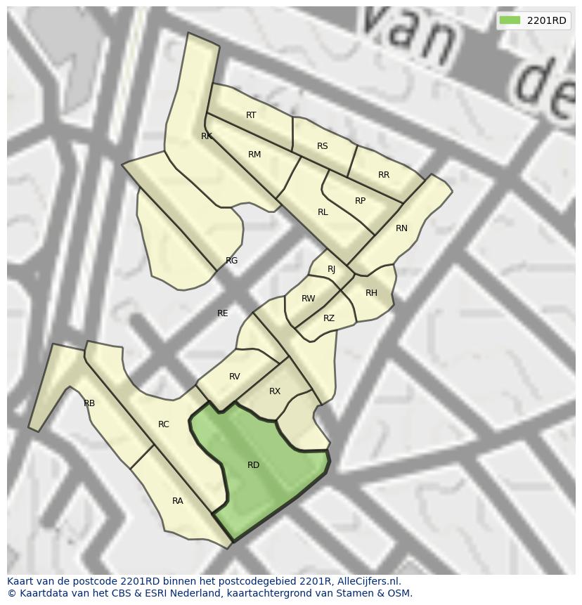 Afbeelding van het postcodegebied 2201 RD op de kaart.