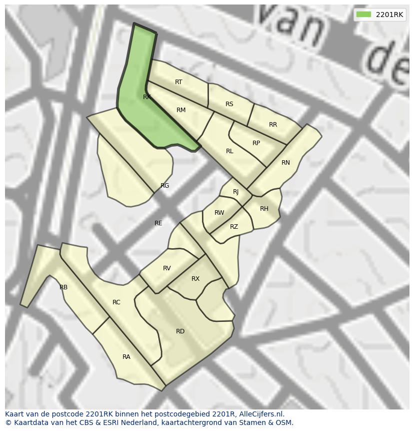 Afbeelding van het postcodegebied 2201 RK op de kaart.